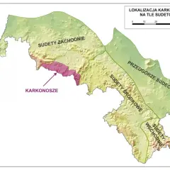 Mapa pokazuje, gdzie są Karkonosze, jako część Sudetów Zachodnich.