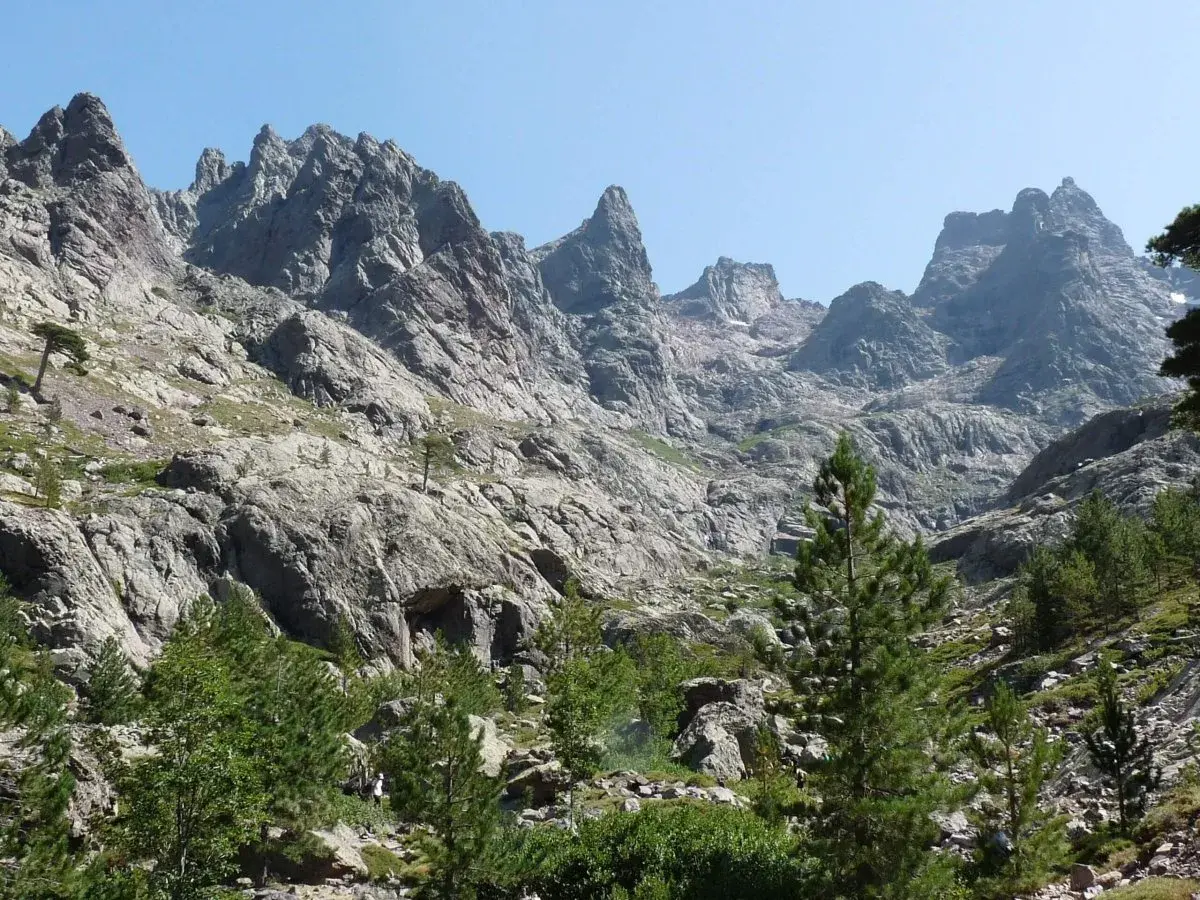 Skaliste zbocza górskie z sosnami, prowadzące ku szczytom. Widok na najwyższy szczyt Korsyki, Monte Cinto, w słoneczny dzień.
