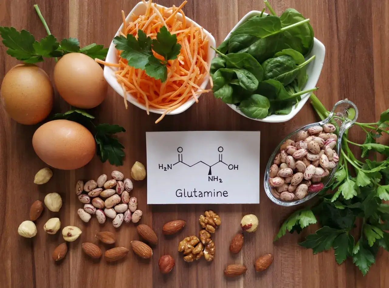 Struktura chemiczna glutaminy, obok jajek, fasoli, orzechów, marchewki i szpinaku. Glutamina co to?